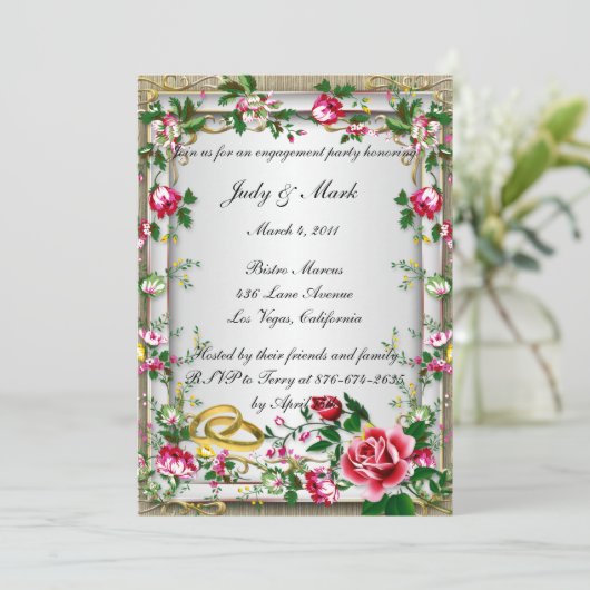 エレガントレッド素朴ローゼス婚約パーティ招待状 招待状 (スタンド正面)