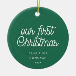 エレガントレトログリーン私たちの初めてのクリスマス写真 セラミックオーナメント