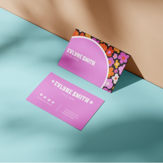 エレガントレトログルーヴィ紫カラフルフローラモダン 名刺