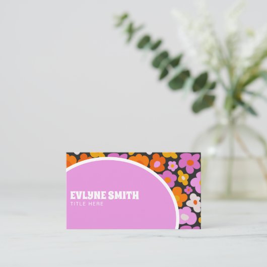エレガントレトログルーヴィ紫カラフルフローラモダン 名刺 (スタンド正面)