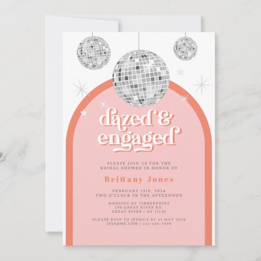 エレガントレトロディスコ溝ブライダルシャワーピンク 招待状 (正面)