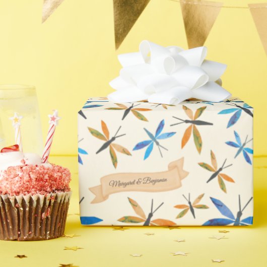 エレガントレトロトンボ手描きトンボ ラッピングペーパー (誕生日パーティー)