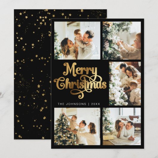 エレガントレトロフェイク金ゴールドメリークリスマスファミリー シーズンカード (正面/裏面)