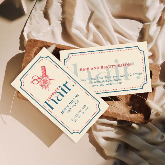 エレガントレトロブルーハサミ美容師 名刺