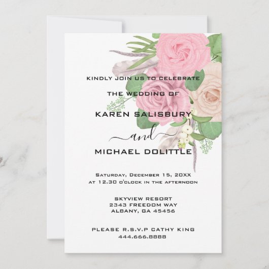 エレガントレトロボホフローラピンクブーケ結婚ス 招待状 (正面)