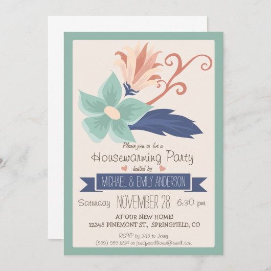 エレガントレトロ花;フローラ引っ越し祝いパーティーパーティー 招待状 (正面/裏面)