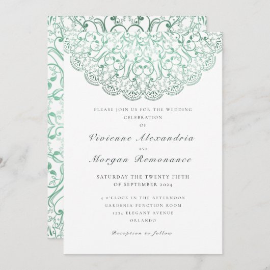 エレガントレースグリーン結婚マンダラ 招待状 (正面/裏面)
