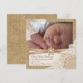 エレガントレースon burlap photo baby girl誕生 案内状 (正面/裏面)