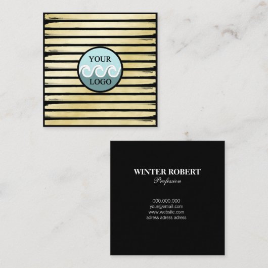 エレガントロカスタムストライプのゴ黒金ゴールド箔絵を描 スクエア名刺 (正面/裏面)