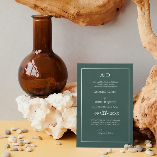 & エレガントロマンチックなエメラルドグリーン結婚モノグラム 招待状