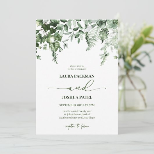 エレガントロマンチックな緑のツタとセージ結婚ズ 招待状 (スタンド正面)
