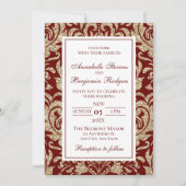 エレガントワインレッドと金ゴールドフェイクグリッター結婚ズ 招待状 (正面)