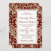 エレガントワインレッドと金ゴールドフェイクグリッター結婚ズ 招待状 (正面/裏面)