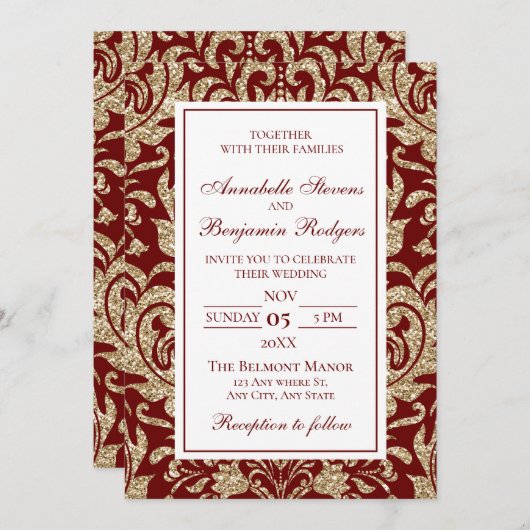 エレガントワインレッドと金ゴールドフェイクグリッター結婚ズ 招待状 (正面/裏面)