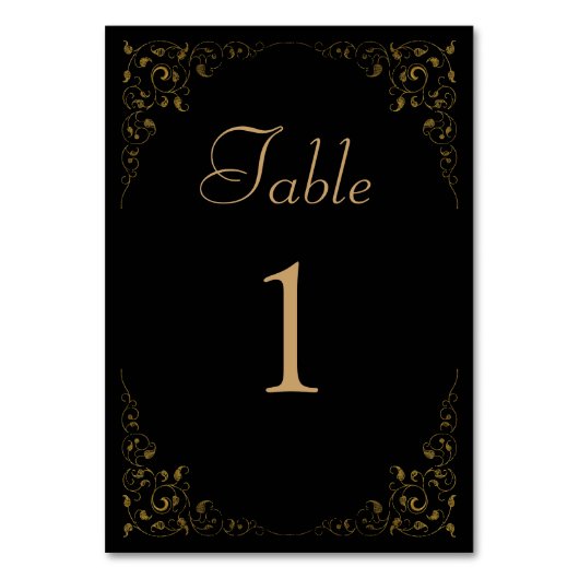 エレガントヴィンテージの葉の黒い金ゴールド結婚 テーブルナンバー (正面)