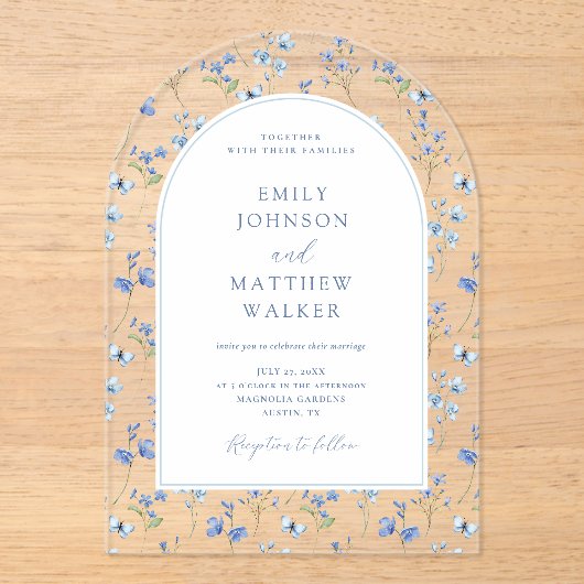 エレガントヴィンテージほこりっぽい青結婚野花 アクリル招待状 (正面)