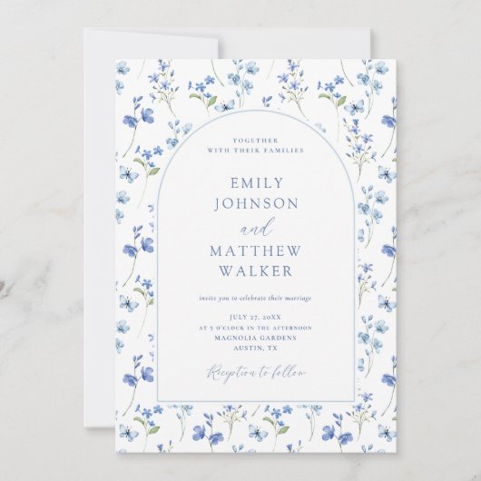 エレガントヴィンテージほこりっぽい青結婚野花 招待状 (正面)