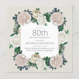 エレガントヴィンテージアイボリークリームフローラ80th誕生日 招待状