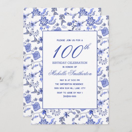 エレガントヴィンテージアンティークブルーフローラ100位 招待状 (正面/裏面)