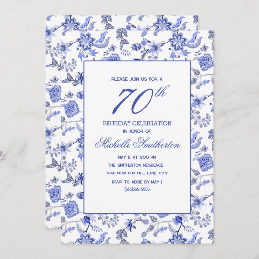 エレガントヴィンテージアンティークブルーフローラ70位 招待状 (正面/裏面)