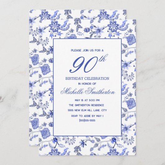 エレガントヴィンテージアンティークブルーフローラ90位 招待状 (正面/裏面)