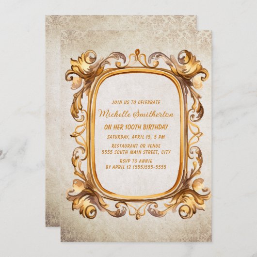エレガントヴィンテージアンティーク金ゴールドフレーム100誕生日 招待状 (正面/裏面)