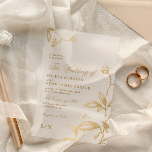 エレガントヴィンテージアンティーク金ゴールド結婚植物薬 アクリル招待状