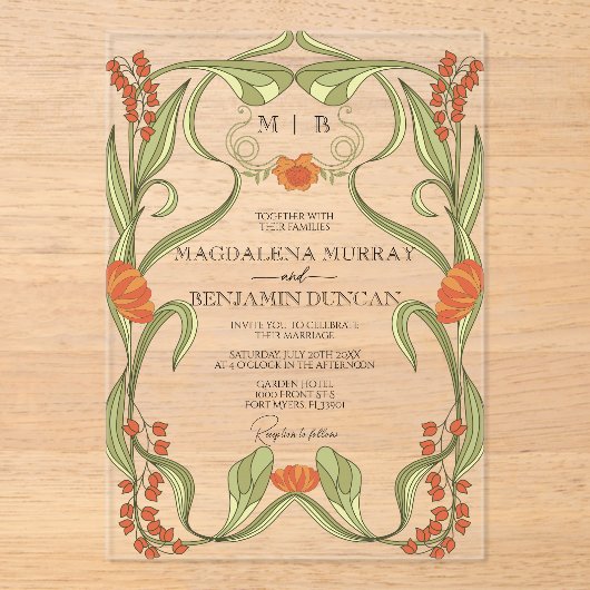 エレガントヴィンテージアールヌーボーフローラフレ結婚ーム アクリル招待状 (正面)