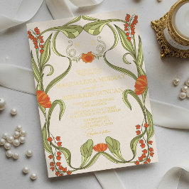 エレガントヴィンテージアールヌーボーフローラフレ結婚ーム 箔招待状