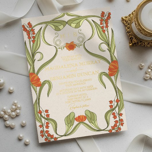 エレガントヴィンテージアールヌーボーフローラフレ結婚ーム 箔招待状