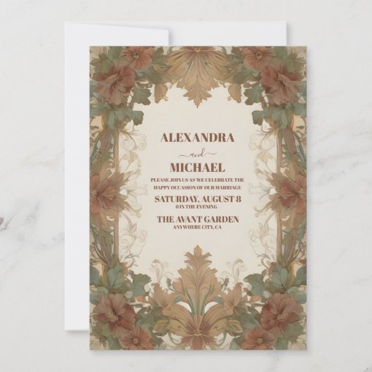 エレガントヴィンテージアールヌーボー結婚フローラ 招待状 (正面)
