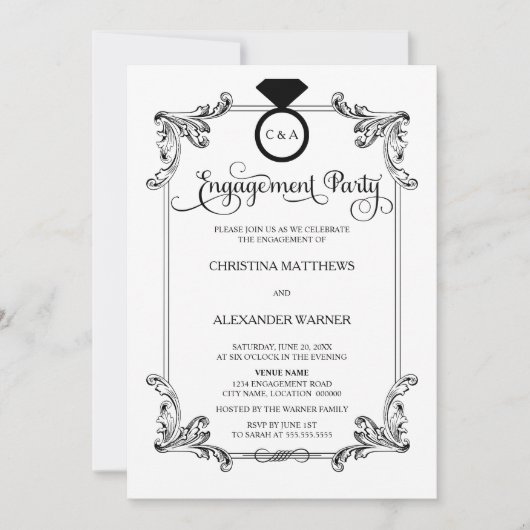 エレガントヴィンテージオーナメント婚約パーティ 招待状 (正面)