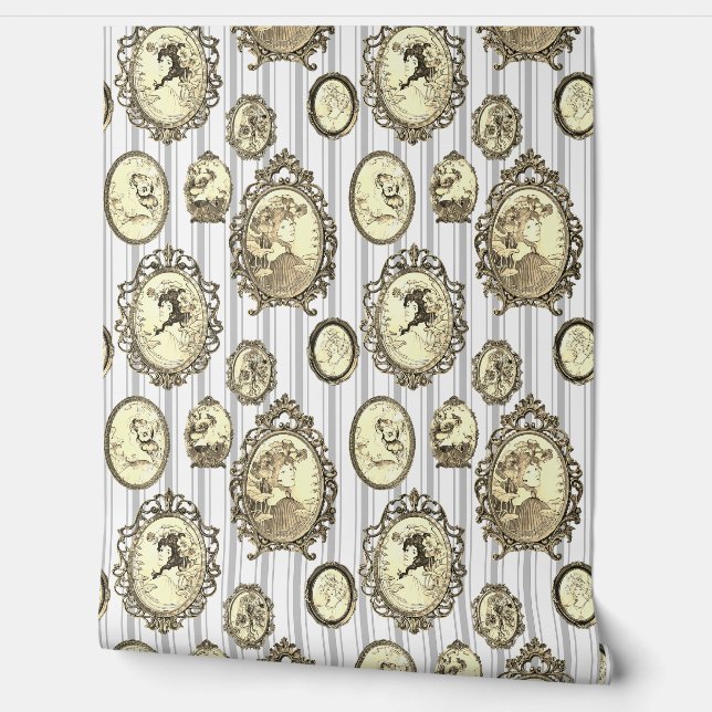 エレガントヴィンテージガールポートレートフラワーズベージュストライプ 壁紙 (ほどく)