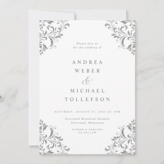 エレガントヴィンテージクラシックシルバーグレ結婚イの 招待状 (正面)