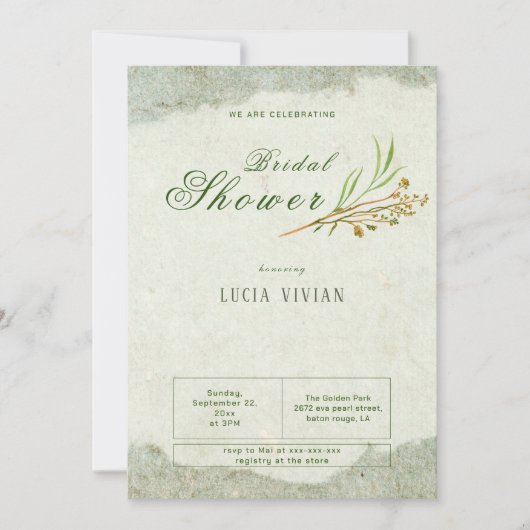 エレガントヴィンテージクリームグリーン素朴ブライダルシャワー 招待状 (正面)