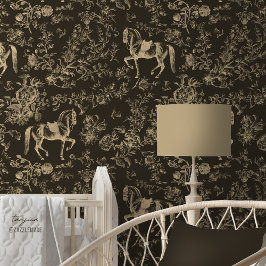 エレガントヴィンテージクリーム茶色ウマ花柄 壁紙