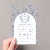 エレガントヴィンテージクレストダスティブルーフローラ結婚ズ アクリル招待状 (インサイチュ (ポータブル))