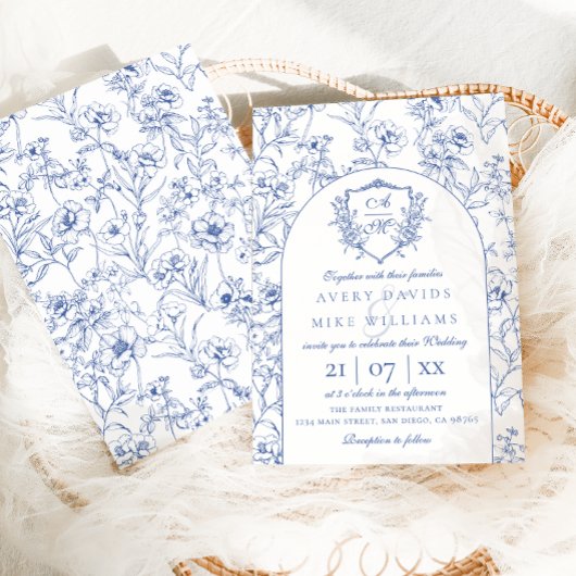エレガントヴィンテージクレストダスティブルーフローラ結婚ズ 招待状