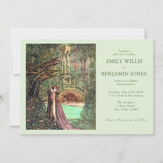 エレガントヴィンテージグリーンとピンクの結婚森 招待状 (正面)