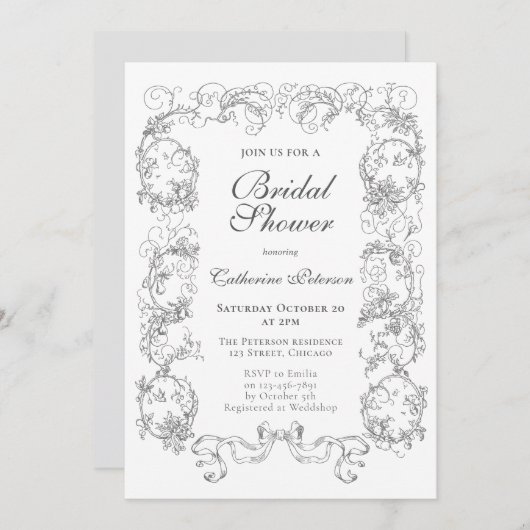エレガントヴィンテージグレイ白華美ブライダルシャワー 招待状 (正面/裏面)