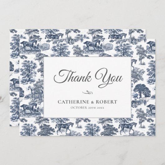 エレガントヴィンテージシックなブルーの馬トイル結婚ズ サンキューカード (正面/裏面)