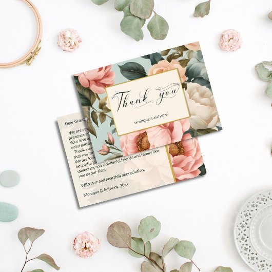 エレガントヴィンテージシック桃ピーニーバラ サンキューカード