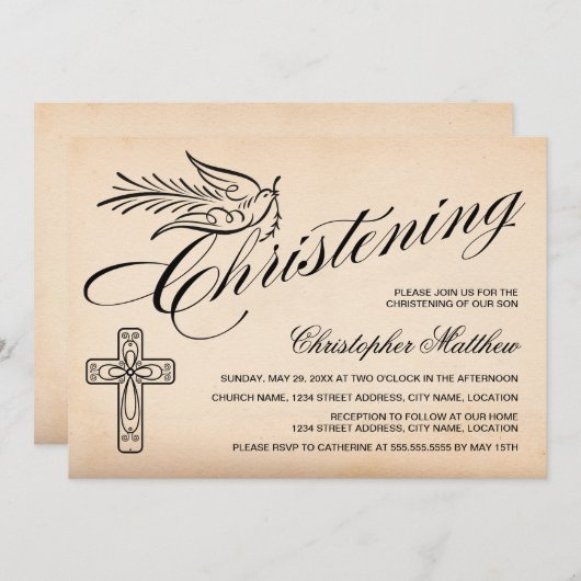 エレガントヴィンテージスクリプトのクロスおよび鳩《キリスト教》洗礼式や命名式 招待状 (正面/裏面)