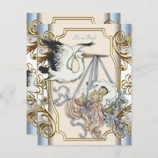 エレガントヴィンテージストーク男の赤ちゃんシャワー 招待状 (正面/裏面)