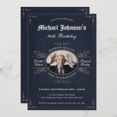 エレガントヴィンテージスワーズ誕生日ネイビーカスタムフォト 招待状 (正面/裏面)