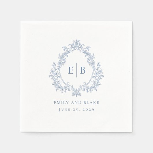 エレガントヴィンテージダスティブルー結婚クレスト スタンダードカクテルナプキン (正面)