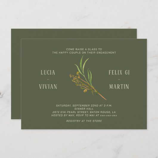 エレガントヴィンテージダークグリーン素朴婚約パーティ 招待状 (正面/裏面)
