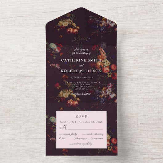エレガントヴィンテージダークムーディフローラ結婚ズ オールインワン招待状 (内側)
