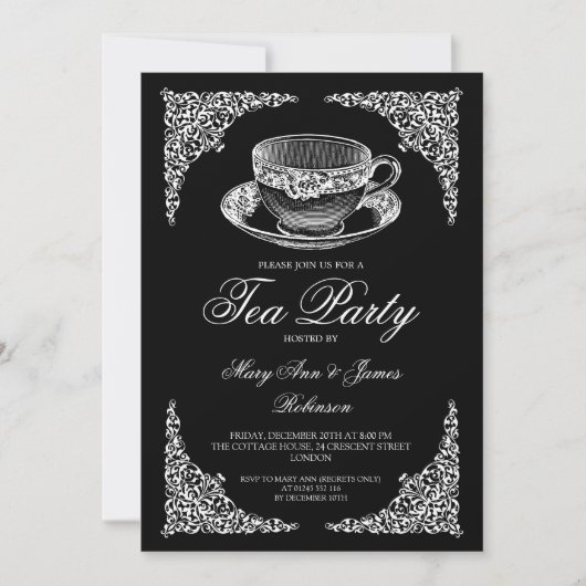 エレガントヴィンテージティーパーティーブラック 招待状 (正面)