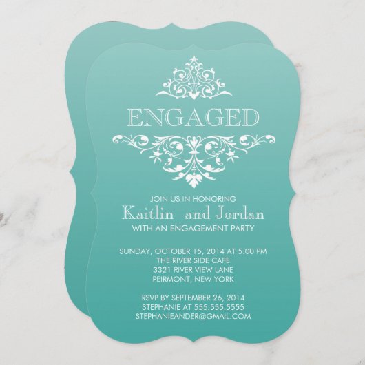 エレガントヴィンテージティール(緑がかった色)フローリッシュ婚約パーティ 招待状 (正面/裏面)